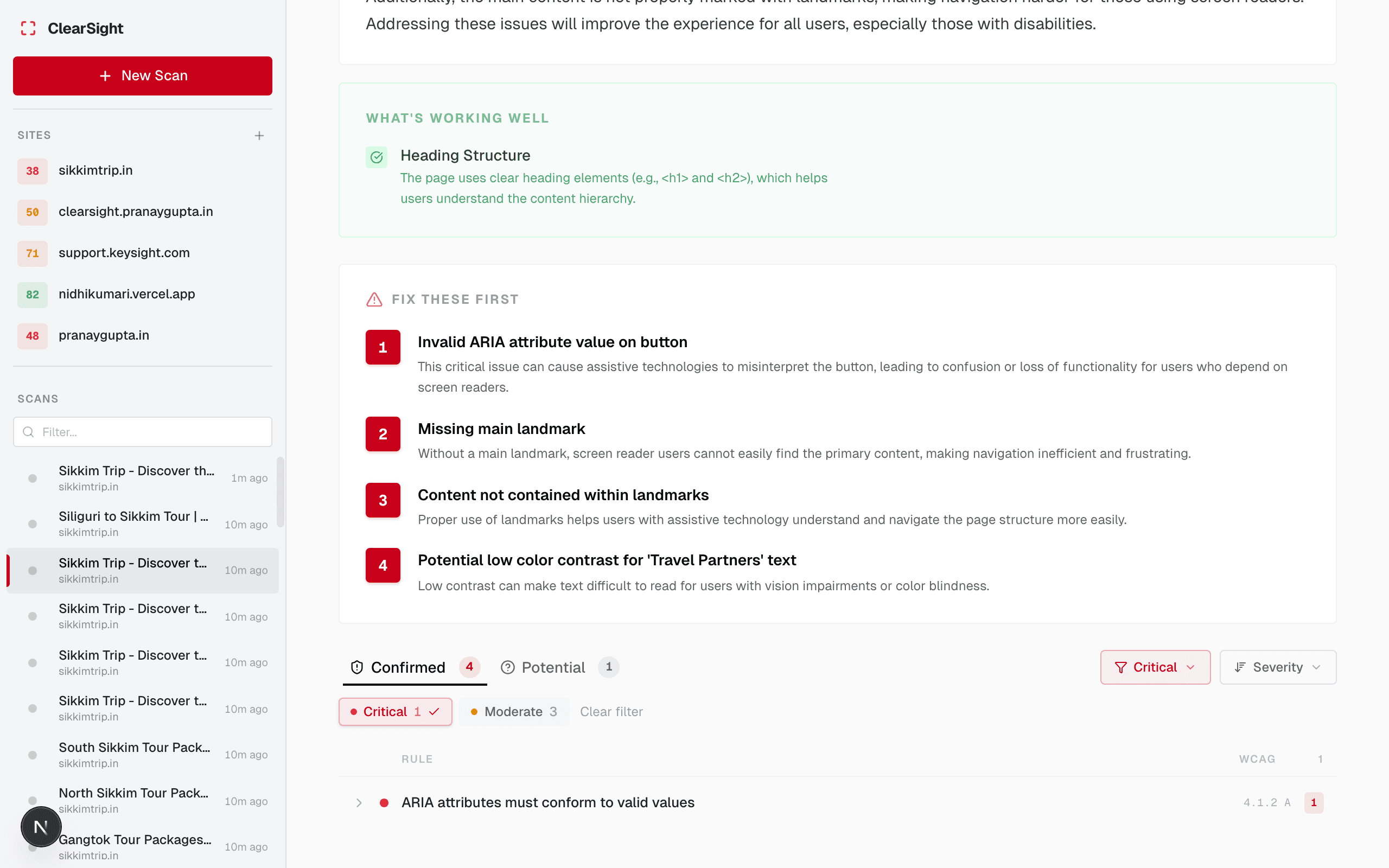 Issue detail showing top priorities and fix suggestions