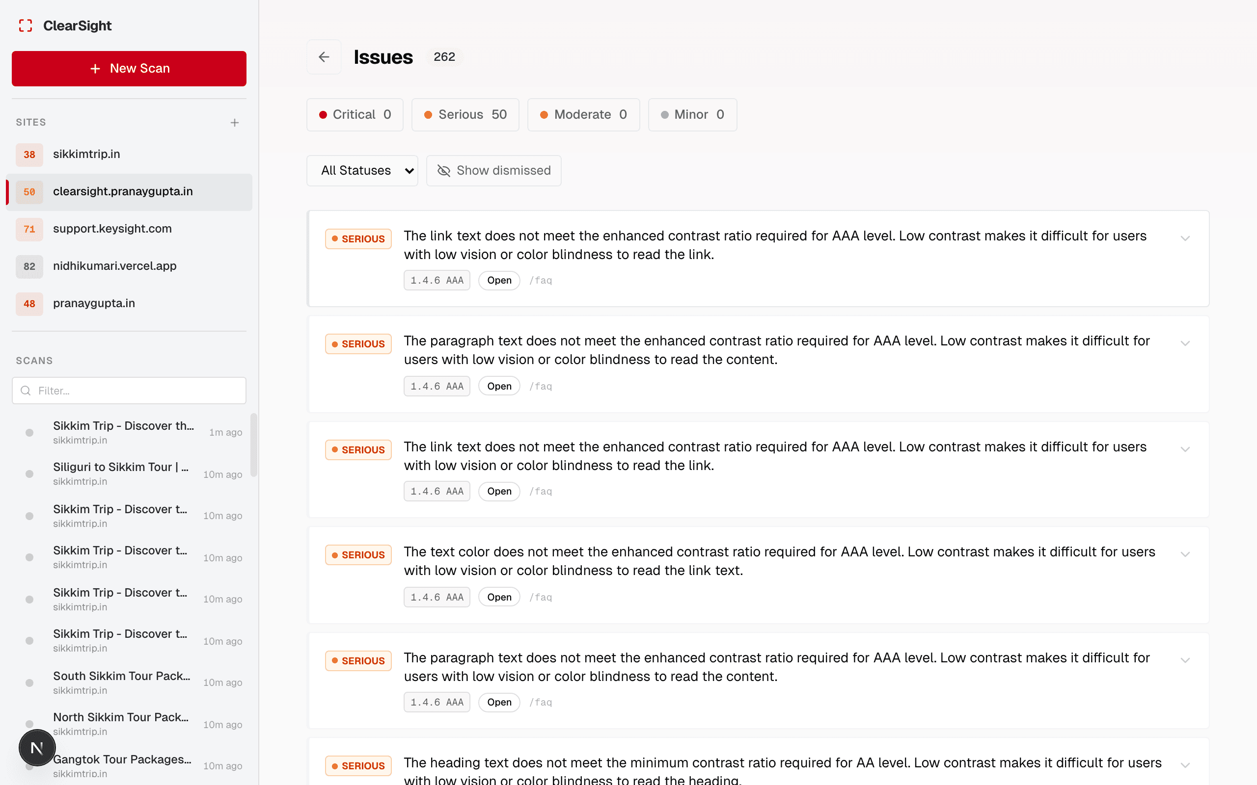 Issues list showing severity badges